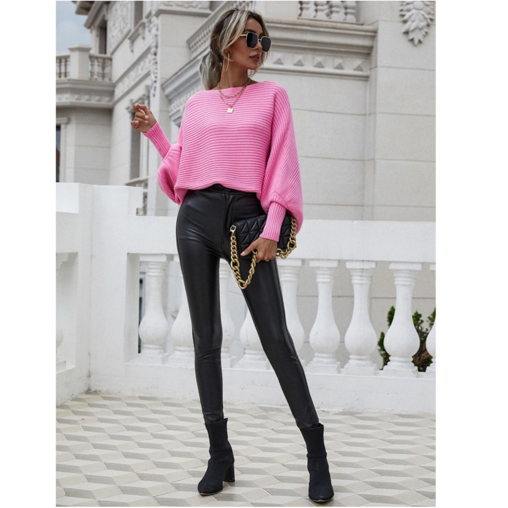 Pink Boat Neck Batwing Oversized Sleeves Knit Sweater - Picture 3 of 9